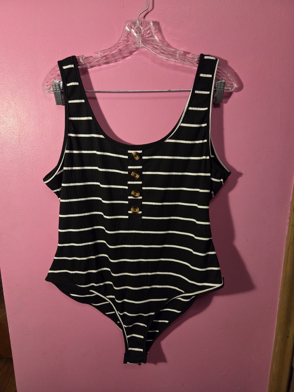 5 Items $10 SHEIN Black & White Striped Ribbed Button-Front Bodysuit